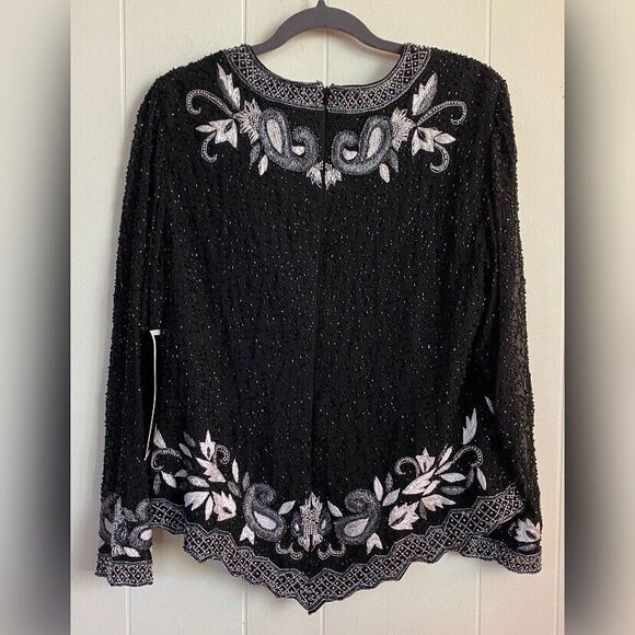Draper’s & Damon’s Blouse Women’s XL Black Beaded Embroidered Lined Formal Party - Picture 2 of 7